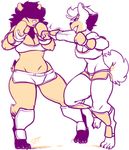  anthro boxing boxing_gloves breasts canine clothed clothing duo female fur hair jintonic mammal navel restricted_palette shorts smile sport standing 