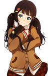  alternate_hairstyle bag bag_charm bangs black_hair brown_cardigan brown_skirt charm_(object) clenched_hands earmuffs earmuffs_around_neck green_eyes hair_ornament hairclip heart heart_hair_ornament highres icehotmilktea kurosawa_dia long_hair love_live! love_live!_school_idol_festival love_live!_sunshine!! miniskirt mole mole_under_mouth nervous_smile object_hug pleated_skirt school_bag school_uniform simple_background skirt sleeves_past_wrists solo twintails white_background 