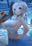  ak-47 antenna_hair assault_rifle bangs bare_shoulders blue_eyes blue_skirt blush breasts closed_mouth cloud cloudy_sky commentary dennou_shoujo_youtuber_shiro fingernails gun hair_between_eyes hand_on_hip heart hinako_(anzu15) holding holding_gun holding_weapon looking_at_viewer medium_breasts outdoors ribbed_sweater rifle shiro_(dennou_shoujo_youtuber_shiro) sideboob silver_hair skirt sky smile solo sweater virtual_youtuber weapon white_sweater 