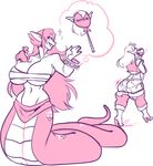  bandage big_breasts breasts butt_growth candy clothing duo elf female food heel_boots huge_breasts humanoid jintonic lollipop monochrome naga potion reptile scalie smile snake torn_clothing voluptuous walking wide_hips 
