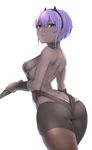  :o absurdres ass back backless_outfit bare_back bare_shoulders black_gloves black_hairband breasts butt_crack dark_skin eyebrows_visible_through_hair fate/prototype fate/prototype:_fragments_of_blue_and_silver fate_(series) gloves hairband hassan_of_serenity_(fate) highres hometa looking_at_viewer looking_back medium_breasts open_mouth purple_eyes purple_hair short_hair sideboob simple_background solo white_background 