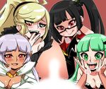  4girls :d arcana_heart arcana_heart_2 bangs bare_shoulders bat_wings black-framed_eyewear black_hair black_wings blazblue blunt_bangs blush breasts breath bridal_gauntlets censored cleavage collarbone dark_elf dark_skin demon_girl elf erection eyebrows eyebrows_visible_through_hair eyelashes glasses green_eyes green_hair hand_to_own_mouth hands_on_own_cheeks hands_on_own_face head_wings heart heart_cutout heavy_breathing hetero heterochromia high_ponytail hilda_(under_night_in-birth) hiru_made_ne-tarou lao_jiu litchi_faye_ling long_hair medium_breasts morrigan_aensland multiple_girls open_mouth outline panda parace_l'sia parted_bangs penis penis_awe pointy_ears purple_hair red_eyes semi-rimless_eyewear side_ponytail smile succubus swept_bangs teeth tongue tongue_out under-rim_eyewear under_night_in-birth vampire_(game) white_outline wings 