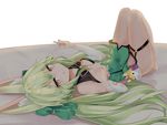  :o absurdres animal_ear_fluff animal_ears arm_warmers art556_(girls_frontline) bangs bare_shoulders barefoot blush bow breasts brown_eyes closed_mouth commentary dress eyebrows_visible_through_hair fox_ears fox_shadow_puppet full_body girls_frontline green_bow green_dress green_hair hair_between_eyes hair_bow highres long_hair looking_at_viewer lying on_back ru_zhai small_breasts smile solo torn_clothes torn_dress twintails very_long_hair 