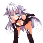  bare_shoulders bent_over black_heart blue_eyes breasts cleavage gloves himajin_(starmine) leotard long_hair looking_at_viewer medium_breasts neptune_(series) smile solo symbol-shaped_pupils white_hair 