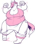  animal_humanoid big_breasts breasts clothed clothing female flexing fox_humanoid hair huge_breasts humanoid jintonic monochrome obese overalls overweight simple_background smile solo standing 