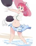  black_bikini_bottom blue_eyes blue_sarong gen_7_pokemon hat highres joy_(pokemon) nagitaro open_mouth pink_hair poke_ball_print pokemon pokemon_(anime) pokemon_(creature) pokemon_sm_(anime) print_sarong pyukumuku sarong shirt short_sleeves throwing water white_shirt 