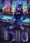  2018 anthro bar barefoot biped black_bottomwear black_clothing black_pawpads blue_body blue_bottomwear blue_eyes blue_fur blue_hair blue_topwear blurred_background breasts canine claws clothed clothing detailed_background digital_media_(artwork) digitigrade dress eyelashes female fingerless_(marking) fox front_view fully_clothed fur hair ifus inside licking licking_lips long_hair looking_at_viewer mammal multicolored_body multicolored_fur multicolored_hair panties pawpads paws pointing saphayla_(zelianda) seductive shaded short_dress signature sitting soft_shading solo spread_legs spreading toe_claws tongue tongue_out underwear upskirt white_body white_fur white_hair 