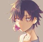  black_eyes black_hair close-up cr-r flower flower_in_mouth hikigaya_hachiman looking_at_viewer male_focus mouth_hold shade solo yahari_ore_no_seishun_lovecome_wa_machigatteiru. 