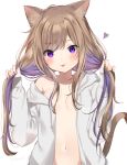  1girl :p animal_ear_fluff animal_ears bangs bare_shoulders breasts brown_hair bunching_hair cat_ears cat_girl cat_tail closed_mouth collarbone commentary_request eyebrows_visible_through_hair grey_jacket heart hood hood_down hooded_jacket jacket long_hair looking_at_viewer mafuyu_(chibi21) multicolored_hair naked_coat navel off_shoulder open_clothes open_jacket original purple_eyes purple_hair sidelocks simple_background small_breasts smile solo streaked_hair tail tail_raised tongue tongue_out twintails white_background 