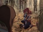  blood blood_on_face boots earrings highres hoop_earrings hug jewelry kneeling long_hair majo_shuukai_de_aimashou multiple_girls one_knee original pickaxe ponytail red_hair rubber_boots rubble summergoat thighhighs 