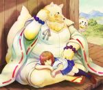  2012 anthro blush canid canine clothing female fox fur gingitsune gintaro haru_(gingitsune) human humanoid_hands lako male mammal outside overweight overweight_male robe sitting white_fur 