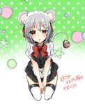  abe_suke alternate_costume animal_ears apron bangs basket between_legs blush bow bowtie brown_eyes enmaided eyebrows_visible_through_hair grey_hair hand_between_legs highres looking_at_viewer maid maid_headdress mouse_ears mouse_tail nazrin open_mouth red_neckwear seiza short_hair short_sleeves signature sitting solo sweat tail thighhighs touhou waist_apron white_legwear zettai_ryouiki 