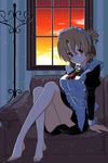  1girl apron barefoot blush breasts brown_hair chair couch feet folded_ponytail full_body hayate_no_gotoku! highres hips jewelry legs long_hair looking_at_viewer maid maid_apron maid_headdress maria_(hayate_no_gotoku!) neckerchief red_eyes solo sunset thighs toes window 