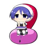  :3 bangs blue_eyes blue_hair capelet chibi closed_mouth doremy_sweet eyebrows_visible_through_hair full_body hands_on_own_chin hat nightcap pom_pom_(clothes) short_hair simple_background sitting solo tail tapir_tail touhou twumi white_background white_legwear 