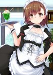  alternate_costume apron ayuzawa_misaki ayuzawa_misaki_(cosplay) blush brown_eyes brown_hair collarbone commentary cosplay enmaided frills j.c._staff kaichou_wa_maid-sama! maid maid_apron maid_headdress misaka_mikoto noa_(nagareboshi) puffy_sleeves short_hair short_sleeves smile solo to_aru_kagaku_no_railgun to_aru_majutsu_no_index tray waist_apron wrist_cuffs 