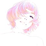  black_eyes close-up face from_below hair_over_one_eye highres ilya_kuvshinov looking_at_viewer multicolored_hair original out-of-frame_censoring short_hair simple_background smile solo topless 