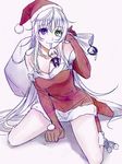  alternate_costume bare_shoulders boots breasts cleavage commentary dress fur_trim gloves green_eyes hat heterochromia isana_yashiro k_(anime) long_hair looking_at_viewer medium_breasts neko_(k) purple_eyes red_dress red_gloves sack santa_boots santa_costume santa_gloves santa_hat short_dress sleeveless sleeveless_dress smile torikai_yasuyuki very_long_hair white_hair yatogami_kurou 