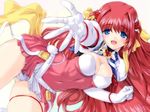  artist_request ass_visible_through_thighs beat_angel_escalayer blue_eyes breasts cleavage dress elbow_gloves escalayer gloves hair_ornament hairclip highres kouenji_sayuka long_hair magical_girl medium_breasts open_mouth outstretched_arm outstretched_hand panties pink_dress red_hair ribbon short_dress simple_background smile solo source_request thigh_strap underwear very_long_hair white_background white_gloves white_panties 