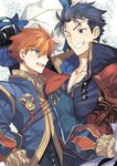 blue_eyes blue_hair cape eliwood_(fire_emblem) fire_emblem fire_emblem:_rekka_no_ken fire_emblem_heroes hector_(fire_emblem) highres male_focus multiple_boys nikame open_mouth red_hair short_hair smile weapon 
