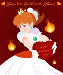 1girl blue_eyes brown_hair candy crown dress gloves highres nintendo ponytail princess_daisy smile solo super_mario_bros. text valentine 