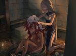  barefoot blonde_hair blush breasts candle closed_eyes dirty kneeling long_hair majo_shuukai_de_aimashou medium_breasts multiple_girls nipples nude original pointy_ears red_hair shelf soap_bubbles summergoat swimsuit washing_hair washtub wet wrist_cuffs 