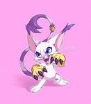  2018 3_toes anthro big_ears blue_eyes claws digimon ear_tuft fangs featureless_crotch feline female fighting_stance fur gatomon mammal markings nude orange_stripes pattern_background purple_markings purple_stripes redvelvetbat simple_background solo standing stripes tail_ring toes tuft whiskers white_fur yellow_fur 