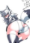  ambiguous_gender animal_humanoid blue_eyes blush butt canid canid_humanoid canine canine_humanoid clothed clothing dipstick_tail female giraffe giraffid grey_hair grey_wolf_(kemono_friends) hair heterochromia humanoid japanese_text kemono_friends legwear long_hair mammal multicolored_tail panties raised_skirt shirt skirt sweat sweatdrop text thigh_highs translation_request tsuki_wani underwear wolf_humanoid yellow_eyes 