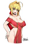  absurdres ahoge areolae blonde_hair blush braid breasts collarbone covered_nipples eyebrows_visible_through_hair fate/extra fate/grand_order fate_(series) french_braid green_eyes highres large_breasts looking_at_viewer nero_claudius_(fate) nero_claudius_(fate)_(all) open_mouth qblade see-through shiny shiny_hair shiny_skin white_background 