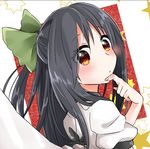  abe_suke bangs black_hair bow brown_eyes eyebrows_visible_through_hair finger_to_chin from_side green_bow hair_bow long_hair looking_at_viewer lowres reiuji_utsuho short_sleeves solo touhou upper_body 