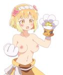  1girl areolae bandage bandaged_arm bandages bare_shoulders blonde_hair blush breasts cat_paws endro! fai_fai flower gloves hair_flower hair_ornament hairband large_breasts nipples open_mouth paws short_hair simple_background solo standing topless white_background x20man yellow_eyes 