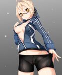  ahoge artoria_pendragon_(all) ass_visible_through_thighs bike_shorts black-framed_eyewear blonde_hair braid breasts cameltoe choker closed_mouth fate/grand_order fate_(series) french_braid glasses grey_background gym_uniform hair_between_eyes highres hood hooded_track_jacket jacket long_sleeves mysterious_heroine_x_(alter) nipples open_clothes open_jacket semi-rimless_eyewear shiny shiny_hair small_breasts solo track_jacket under-rim_eyewear yellow_eyes zuo_wei_er 