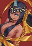  black_dress blue_eyes bow breasts closed_mouth commentary crown dark_skin dress eliza_(skullgirls) half-closed_eye holding large_breasts looking_at_viewer microphone no_bra red_bow simple_background skullgirls smile solo upper_body zakusi 