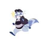  2018 anthro blue_fur bottomless clenched_teeth clothed clothing eyewear fur glasses gloves_(marking) hat jacket male mammal markings procyonid raccoon redvelvetbat running shirt simple_background socks_(marking) solo sweat teeth white_background white_belly worried 