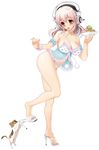  1girl blush breasts cat cleavage feet full_body headphones large_breasts long_hair nitroplus open_mouth panties pink_hair red_eyes super_sonico toes 