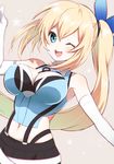  blonde_hair blue_eyes blush breasts dress large_breasts long_hair mirai_akari ponytail smile wink 