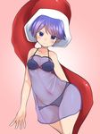  :3 black_bra black_panties blue_eyes blue_hair blush bra commentary doku_corne doremy_sweet hat highres lingerie looking_at_viewer nightcap panties pink_background red_ribbon ribbon see-through smile touhou underwear wide_hips 