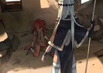  ankle_cuffs bandaged_arm bandaged_leg bandages barefoot chain hair_between_eyes highres hood long_hair majo_shuukai_de_aimashou multiple_girls original pointy_ears red_hair rubble scar summergoat thighhighs white_hair wide_sleeves 