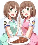  :d absurdres apron bangs blush brown_hair collarbone curry curry_rice eyebrows_visible_through_hair flag food green_apron green_eyes green_skirt hair_ornament hands_together high_school_fleet highres holding holding_plate kapatarou kinesaki_akane kinesaki_homare low_ponytail multiple_girls open_mouth pink_apron pink_skirt plate pleated_skirt rice school_uniform serafuku shirt short_sleeves skirt smile white_shirt yokosuka_girls_marine_high_school_uniform 