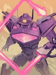  80s arm_cannon cannon commentary decepticon glowing glowing_eyes highres larry_draws mecha no_humans oldschool shockwave_(transformers) solo transformers weapon yellow_eyes 