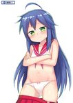  :3 ahoge ass_visible_through_thighs atg_(wttoo0202) blue_hair blush bow bow_panties breasts closed_mouth cowboy_shot crop_top crossed_arms green_eyes highres izumi_konata legs_apart long_hair looking_at_viewer lucky_star mole mole_under_eye navel panties pink_bow red_sailor_collar red_skirt revision ryouou_school_uniform sailor_collar school_uniform see-through serafuku skirt skirt_pull small_breasts solo standing thighs translation_request underwear very_long_hair white_panties 