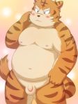  2011 anthro balls belly blush felid flaccid humanoid_hands humanoid_penis lako male mammal moobs navel nipples overweight overweight_male pantherine penis simple_background solo tiger 