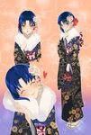  axia-chan blue_eyes blue_hair blush ciel cropped_torso fur-trimmed_kimono fur_trim hand_on_own_chest heart highres japanese_clothes kimono multiple_views parted_lips short_hair smile tsukihime wide_sleeves 