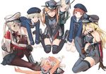  bismarck_(kantai_collection) black_legwear black_skirt blonde_hair blue_dress blue_eyes brown_eyes brown_hair clothes_writing commentary_request dress dual_persona garrison_cap graf_zeppelin_(kantai_collection) grey_legwear hat indian_style kantai_collection long_hair military military_uniform multiple_girls pantyhose peaked_cap pleated_skirt prinz_eugen_(kantai_collection) ro-500_(kantai_collection) sailor_dress sailor_hat silver_hair simple_background sitting skirt sleeping thighhighs twintails u-511_(kantai_collection) uniform wariza wetsuit white_background yanta55 z1_leberecht_maass_(kantai_collection) z3_max_schultz_(kantai_collection) 