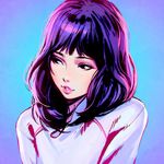  bangs black_eyes blunt_bangs blush highres ilya_kuvshinov lavender_background lipstick long_sleeves looking_away makeup original parted_lips pink_lipstick purple_hair short_hair simple_background solo sweater teeth upper_body 