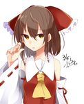  abe_suke ascot bangs bow brown_eyes brown_hair detached_sleeves eyebrows_visible_through_hair hair_between_eyes hair_bow hair_tubes hakurei_reimu hand_up highres long_sleeves looking_at_viewer red_bow ribbon-trimmed_sleeves ribbon_trim signature simple_background solo touhou upper_body white_background wide_sleeves 