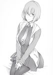  blush eyebrows_visible_through_hair fate/grand_order fate_(series) glasses greyscale hair_over_eyes highres hood hood_down hoodie long_sleeves mash_kyrielight monochrome nakamura_regura necktie own_hands_together pantyhose pleated_skirt short_hair simple_background sitting skirt smile solo white_background 