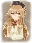  abe_suke bangs brown_eyes brown_hair commentary_request eyebrows_visible_through_hair hair_between_eyes hat junko_(touhou) kappougi long_hair long_sleeves neck_ribbon ribbon sidelocks signature smile solo touhou upper_body yellow_ribbon 