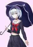  april_cho bangs black_hairband black_serafuku black_shirt black_skirt blue_eyes blue_umbrella choker commentary cowboy_shot eyebrows_visible_through_hair grey_background hair_between_eyes hair_ornament hairband holding holding_umbrella index_finger_raised looking_at_viewer neckerchief red_neckwear ryuuou_no_oshigoto! school_uniform serafuku shirt short_hair silver_hair simple_background sketch skirt snowflake_hair_ornament solo sora_ginko standing umbrella 