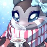  anthro arthropod blue_eyes brown_fur cup detailed_background female fur hair_bow hair_ribbon happy holding_cup insect looking_at_viewer redvelvetbat ribbons scarf smile snow snowing solo steam tan_markings 