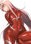  aqua_eyes bangs blush bodysuit breasts commentary covered_navel darling_in_the_franxx domo1220 head_tilt horns long_hair medium_breasts parted_lips pilot_suit pink_hair red_bodysuit simple_background skin_tight solo very_long_hair white_background zero_two_(darling_in_the_franxx) 